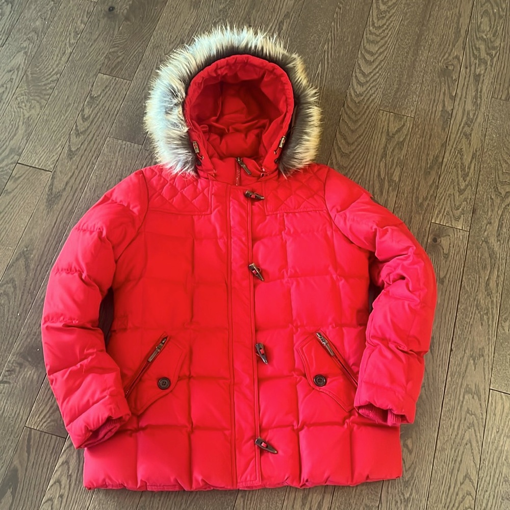 Lauren Ralph Lauren LG Fur Hooded Duck Down Parka Outdoor Red Jacket Coat